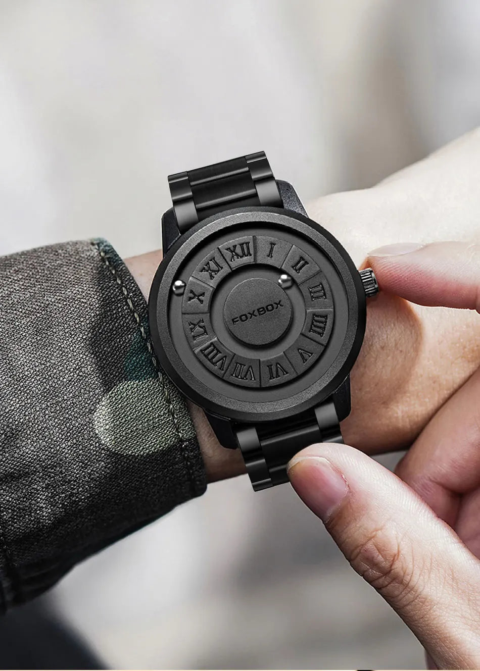 FOXOBOX New Original Luxury Skull Scrolling Pointer Magnetic Force Watch Men Military Sport Waterproof Quartz Wristwatch Clock