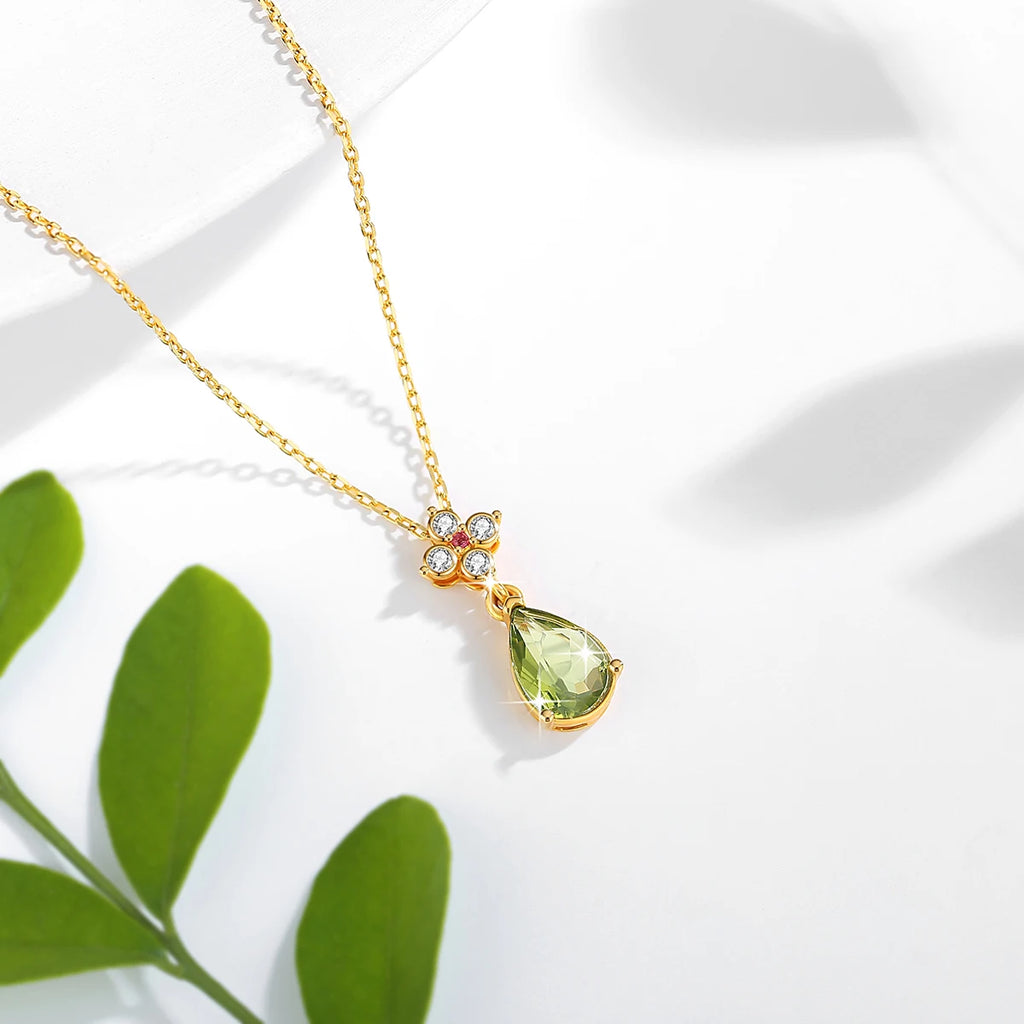 Real 18K Gold AU750 Necklaces Water Drop Natural Peridot Hollow-Out Pendant for Women Birthday Party Hypoallergenic Jewelry Gift