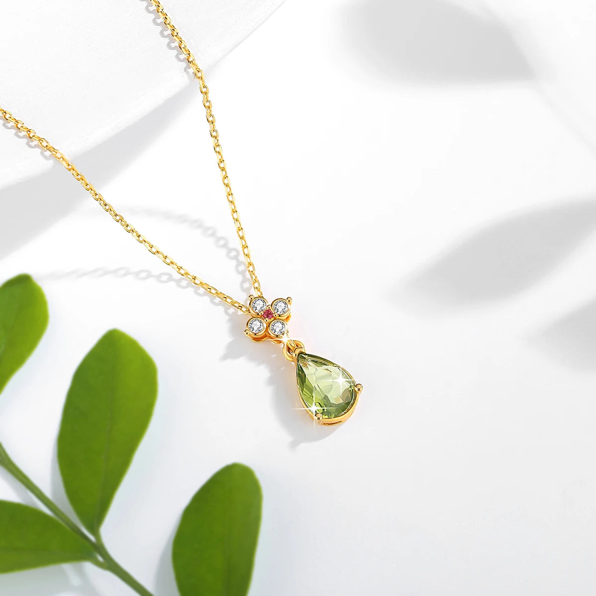 Real 18K Gold AU750 Necklaces Water Drop Natural Peridot Hollow-Out Pendant for Women Birthday Party Hypoallergenic Jewelry Gift