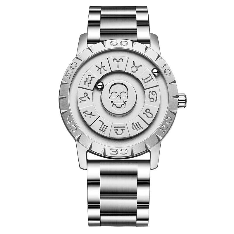 FOXOBOX New Original Luxury Skull Scrolling Pointer Magnetic Force Watch Men Military Sport Waterproof Quartz Wristwatch Clock