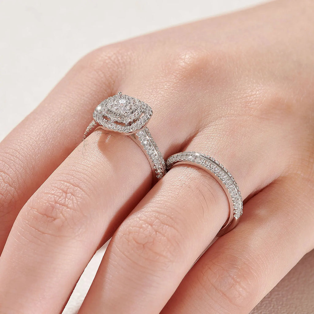 Newshe 2Pcs Moissanite Wedding Rings Set for Women White Gold Plated Halo Round Cut Engagement Bridal Ring