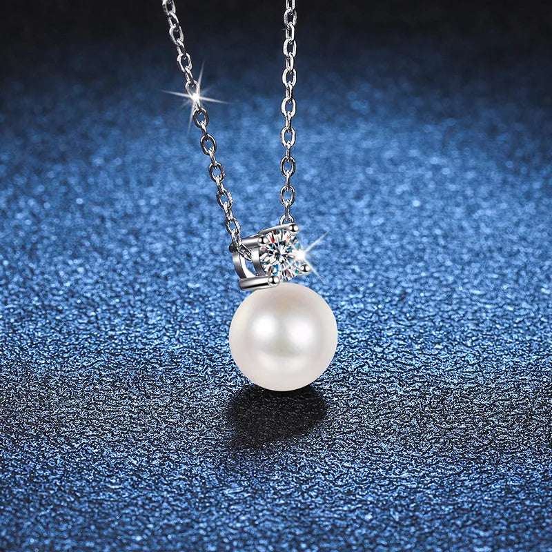 925 Sterling Silver Pearl Pendant Necklace D VVS1 Moissanite Crown Setting Pearl Charm Necklace For Women