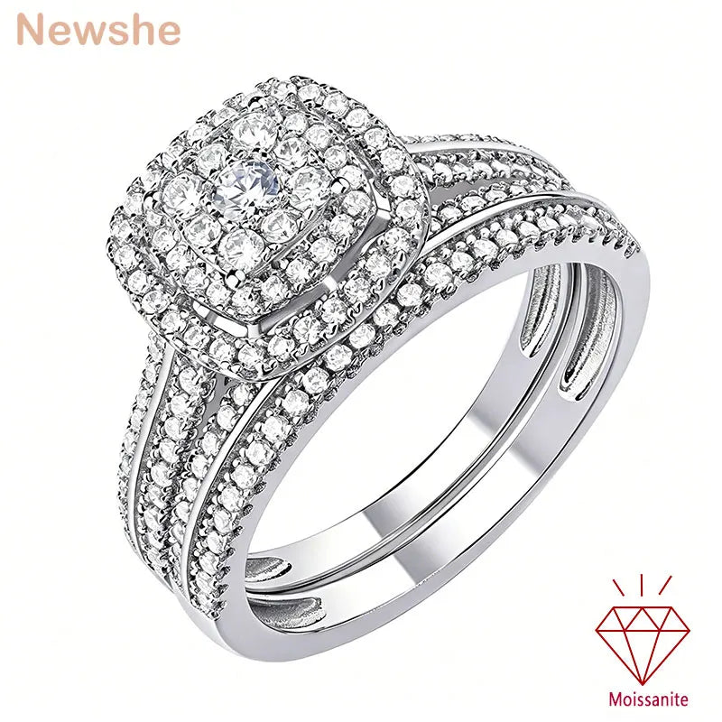 Newshe 2Pcs Moissanite Wedding Rings Set for Women White Gold Plated Halo Round Cut Engagement Bridal Ring