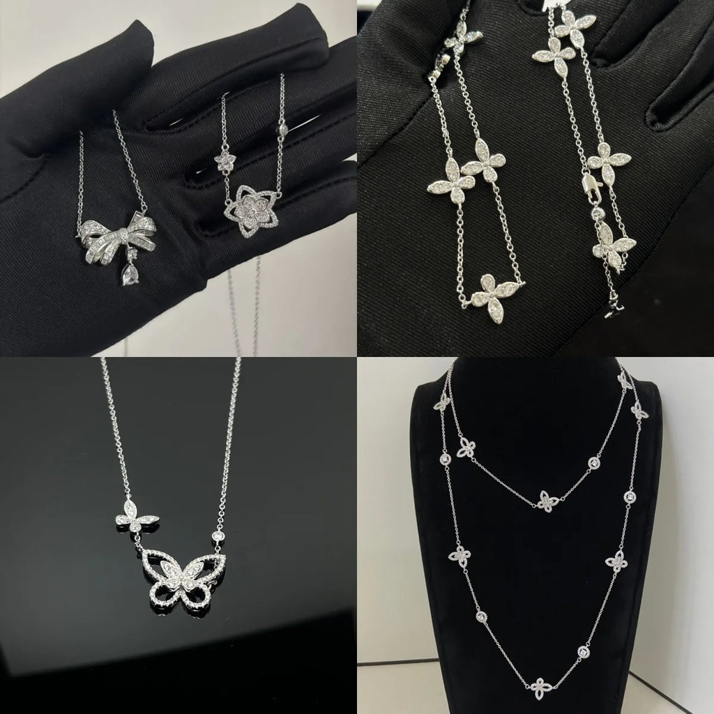 S925 Silver Women's Necklace, Fashionable Design Pentagram and Butterfly Pendant Necklace, Holiday Gift