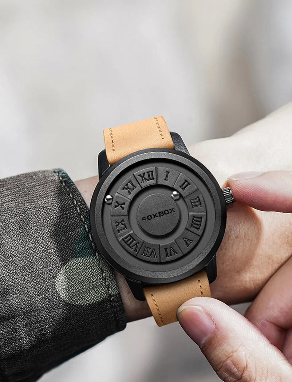 FOXOBOX New Original Luxury Skull Scrolling Pointer Magnetic Force Watch Men Military Sport Waterproof Quartz Wristwatch Clock