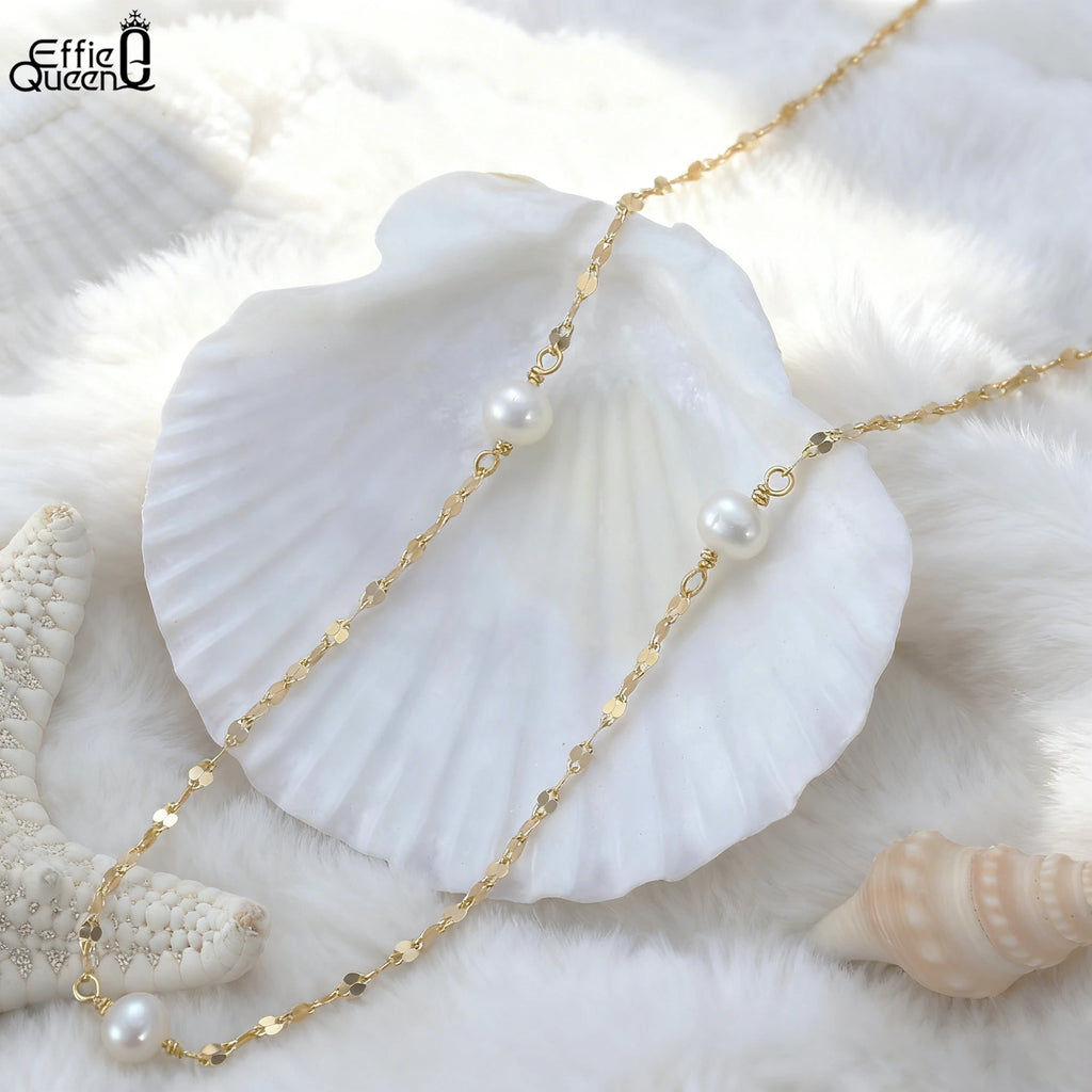 EFFIE QUEEN 925 Sterling Silver Fashion Simple Lip Chain Natural Pearl Necklace for Women Elegant Pearl Clavicle Jewelry GPN35