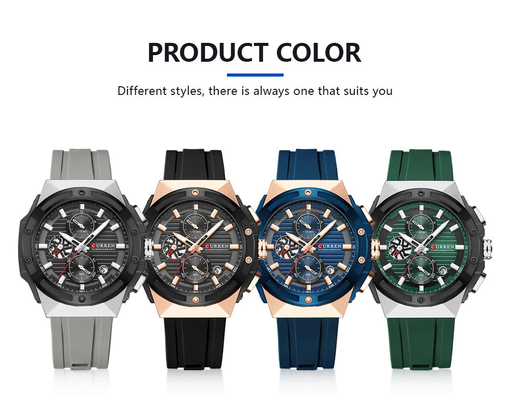 CURREN Classic Brand Men's Wristwatches Casual Business Quartz Silicone Watches with Luminous Hands Chronograph Dial