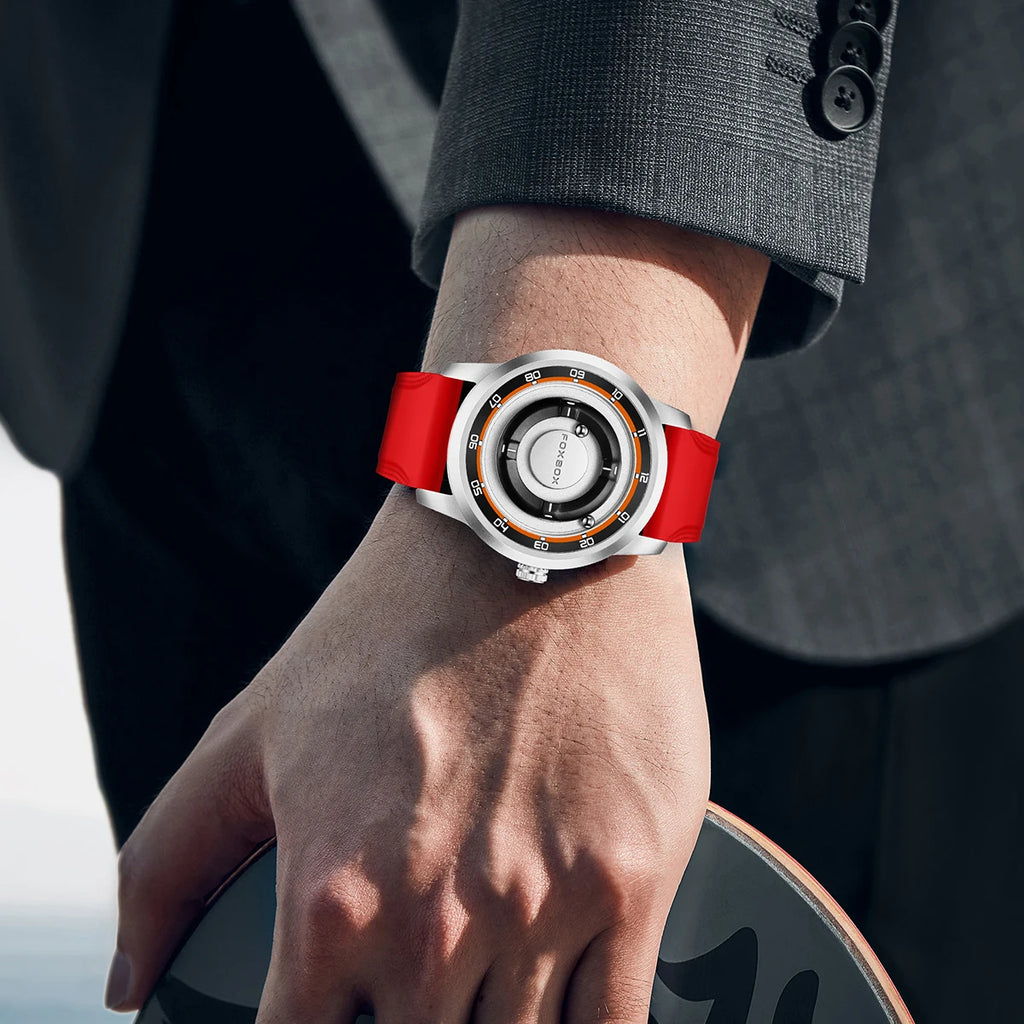 FOXBOX Watch Personalized Fashion Floating Magnetic Pointer Free Ball Bearing Creative Simple Waterproof Quartz Watch for Men