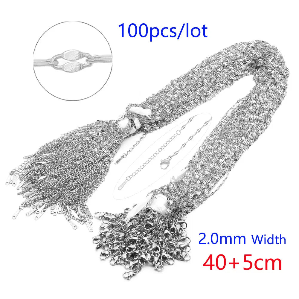 100pcs/Lot Bulk Wholesale 304 Stainless Steel Cable Link Rolo Chain Necklace for DIY Jewelry Making Silver Color 45-50cm Women