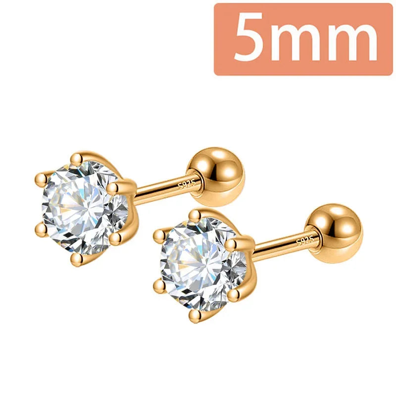 Trustdavis Real 925 Silver Fashion Gold Six Claw 3/4/5mm CZ Screw Stud Earrings for Women Daily Wear Fine Jewelry Gift DA2712