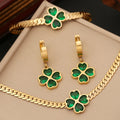 Gold Color High-end Four Leaf Clover Inlaid Zircon Necklace Bracelet Earring Set Stainless S Teel Luxury Women's Jewelry