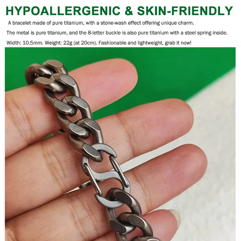 Titanium Bracelet for Men, Stonewashed Titanium Cuban Chain Bracelet, Hypoallergenic & Durable, 10.5mm Wide, 16cm 18cm 20cm 22cm