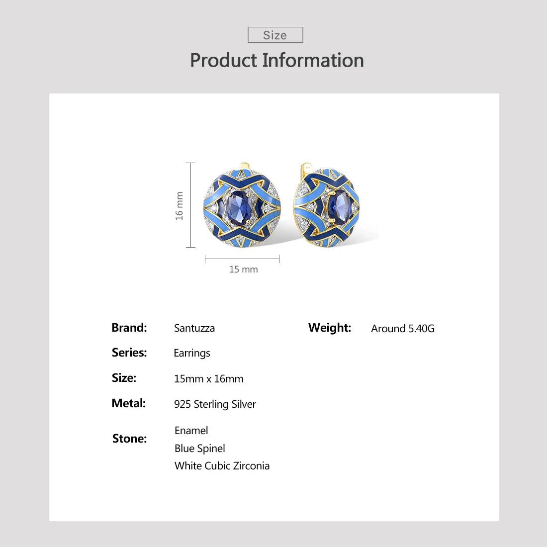 SANTUZZA Real 925 Sterling Silver Solitaire Earrings For Woman Sparkling Blue Spinel Enamel Grand Round Wedding Set Fine Jewelry