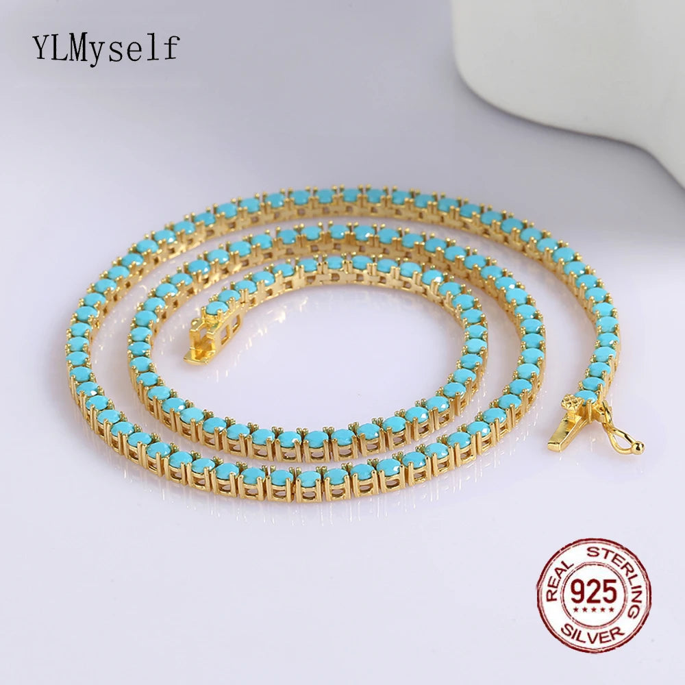 Turquoise Blue 3mm Stone Real 925 Sterling Silver Tennis Chain Necklace Choker 18K Gold/Rhodium Plated 16-24 Inch Fine Jewelry