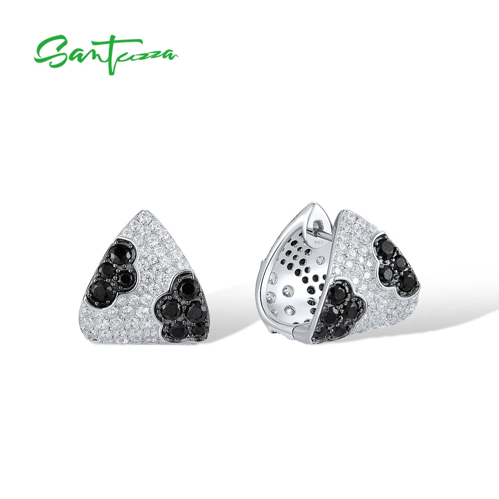 SANTUZZA Real 925 Sterling Silver Clip Earrings For Women Sparkling White CZ Black Spinel Chic Triangle Party Fine Jewelry