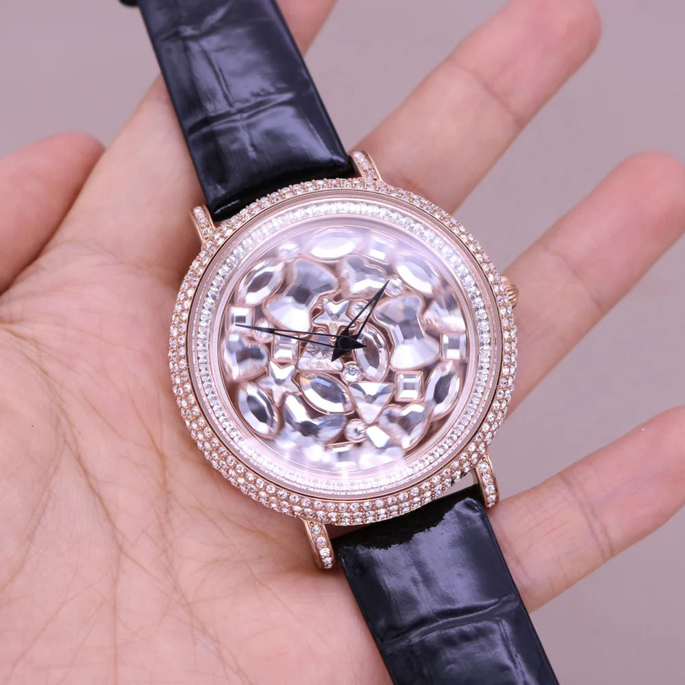 Davena Lady Women's Watch Spin Crystal Rhinestones Hours Fashion Real Leather Bracelet Luxury Girl's Birthday Gift Box