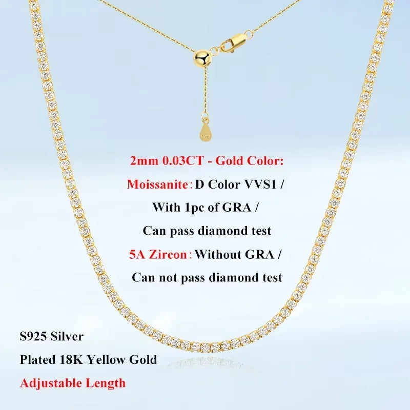 EWYA Full 2mm 0.03CT D Color Moissanite Tennis Necklace for Women Lady S925 Silver Plated 18K Gold Neck Chain Choker Necklaces