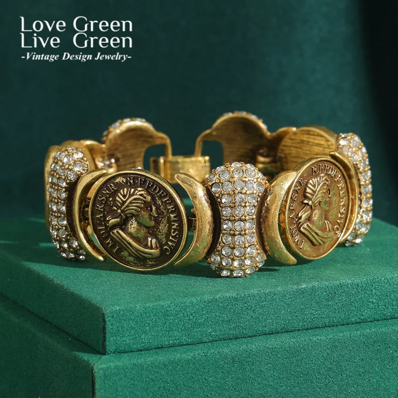 Ancient Coins Bracelets Woman Vintage Portrait Carving Bangles Jewelry Luxury Designer Accessories Gold Color Mother Day Gift