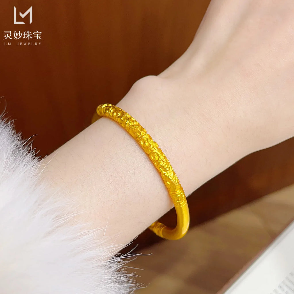 Elegant Hand-Carved Round Golden Hoop Stick Open Bracelet Women 24K Gold AU999 Comfortable and Attractive