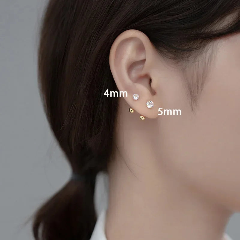 Trustdavis Real 925 Silver Fashion Gold Six Claw 3/4/5mm CZ Screw Stud Earrings for Women Daily Wear Fine Jewelry Gift DA2712