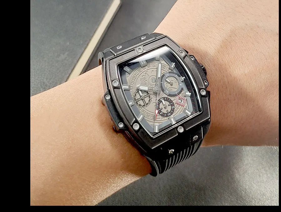 MEGIR & RUIMAS Watches for Men Fashion Military Sport Tonneau Chronograph Quartz Wristwatch with Date 24-hour 3atm Waterproof