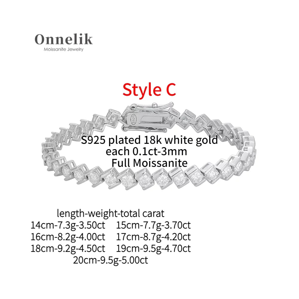 Onnelik Full 3mm Tennis Moissanite Bracelet for Woman Sparkling Diamond S925 Sterling Sliver Party Wedding Bangles Jewelry