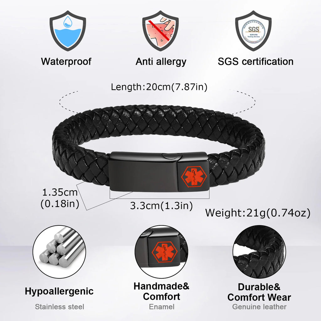 Red Medical Men's Bracelet,Black Genuine Leather ID Bracelet,Type 1/2 Diabetes Alzheimer Epilepsy Customize Bracelet for Dad