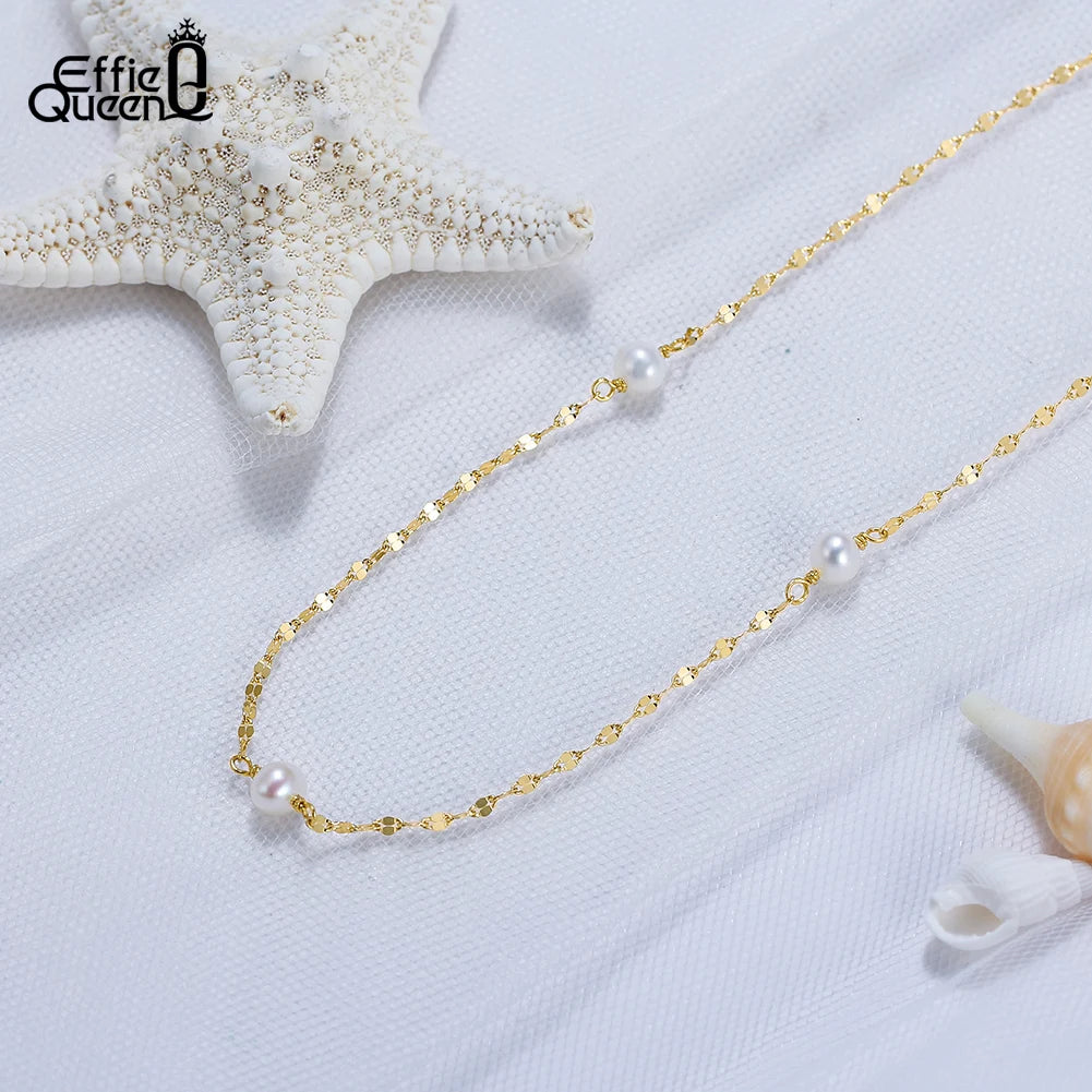 EFFIE QUEEN 925 Sterling Silver Fashion Simple Lip Chain Natural Pearl Necklace for Women Elegant Pearl Clavicle Jewelry GPN35