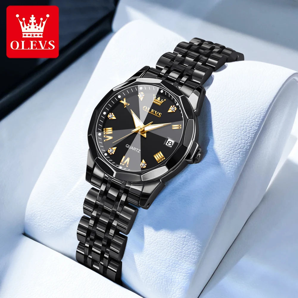 OLEVS Women Watches Elegant Luxury Stainless Steel Strap Original Quartz Wristwatch for Man Waterproof Luminous Date Trend Dress