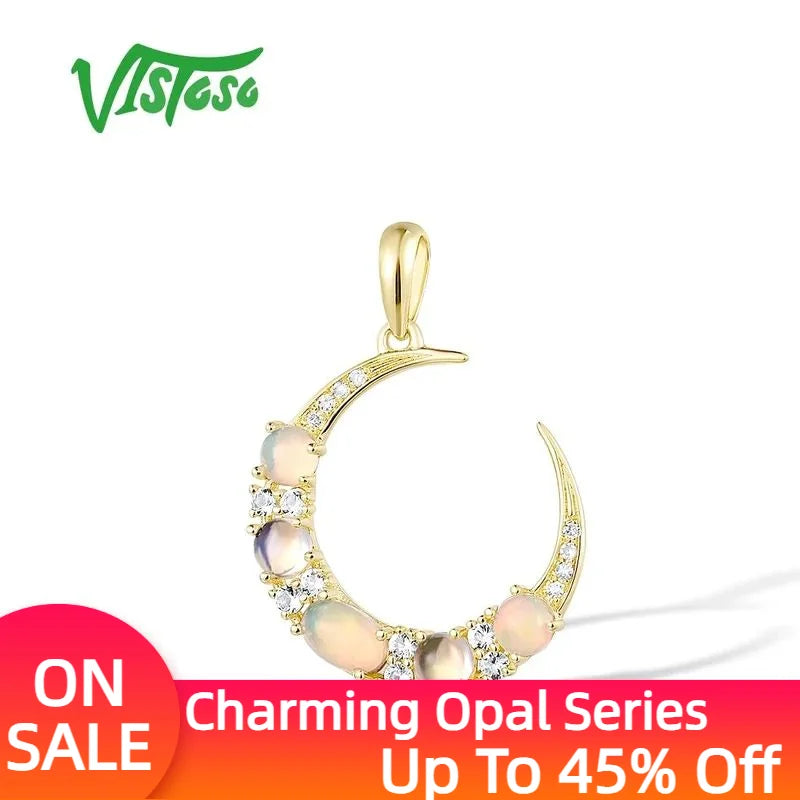 VISTOSO Genuine 14K 585 Yellow Gold Pendant for Women Sparkling Opal Blue Moonstone White Topaz Diamond Delicate Fine Jewelry