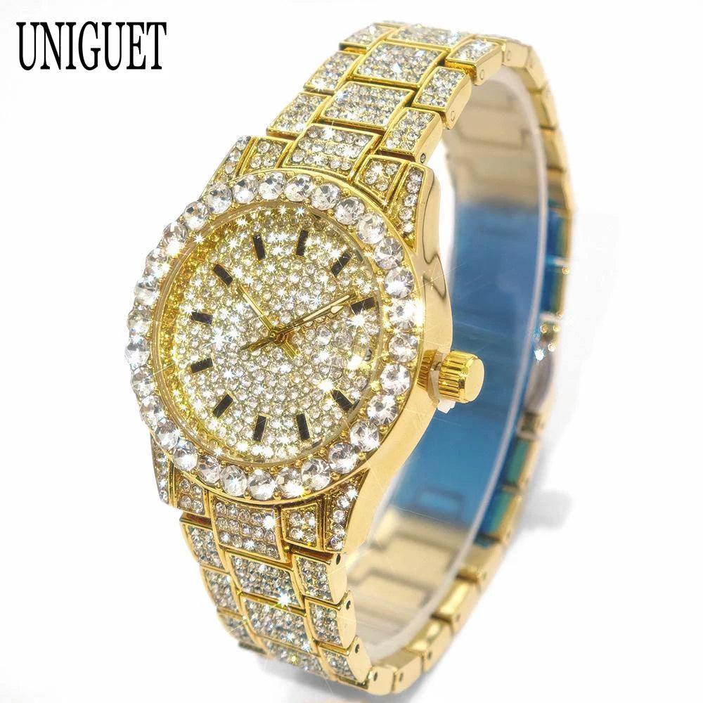 Hot Luxury Jewelry Watch For Women's UNIGUET Fashion Small Pink Dial Hip Hop Iced Diamond Quartz Wristwatch Small Size For Women