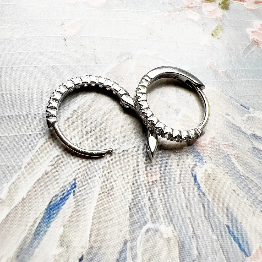 14mm Creole Hinged Hoop Earrings White Stone Europe Glam Fine Jewerly For Women Classic Gift In Solid 925 Sterling Silver