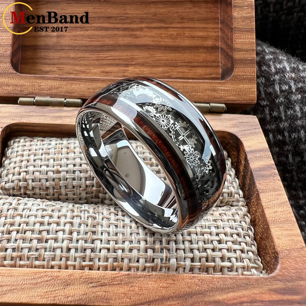 MenBand Finish 10MM Men Women Gear Ring Tungsten Wedding Band Domed With Wood Inlay Comfort Fit Size 7-15