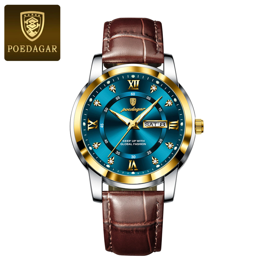 POEDAGAR Top Luxury Man Watch Date Week Waterproof Luminous Leather Men Wristwatch Casual Male Clock Sports Men's Quartz Watches