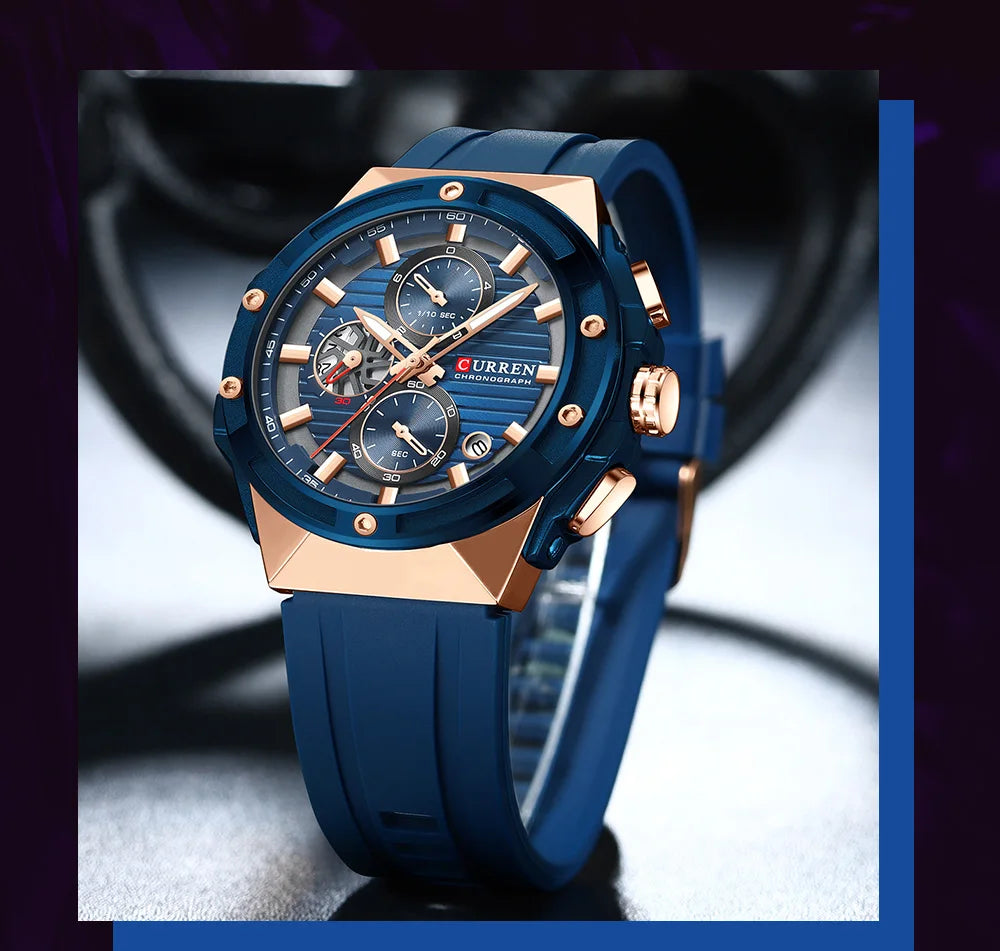 CURREN Classic Brand Men's Wristwatches Casual Business Quartz Silicone Watches with Luminous Hands Chronograph Dial