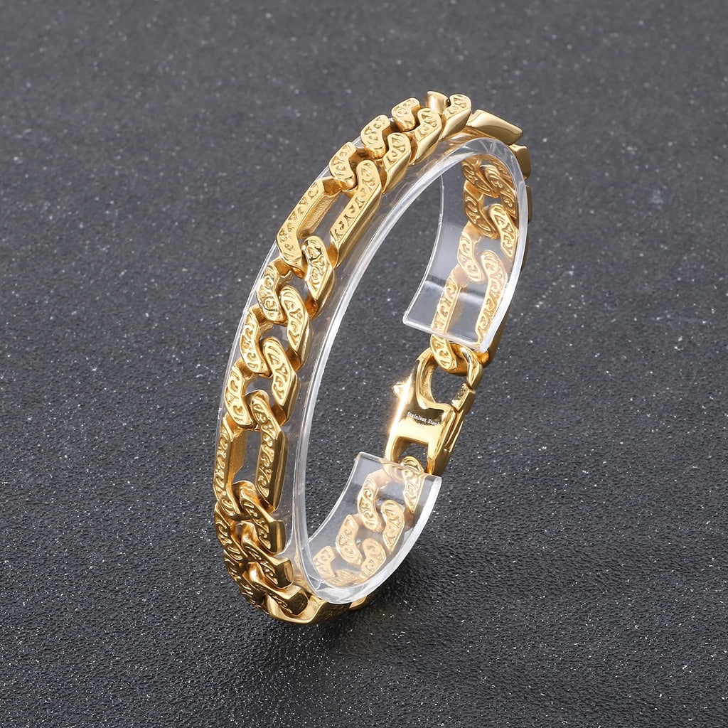 Fongten Tie Stainless Steel Men's Bracelet Mysterious Egyptian Pattern Hollow Chain Punk Rock Halloween Gift Fashion Jewelry