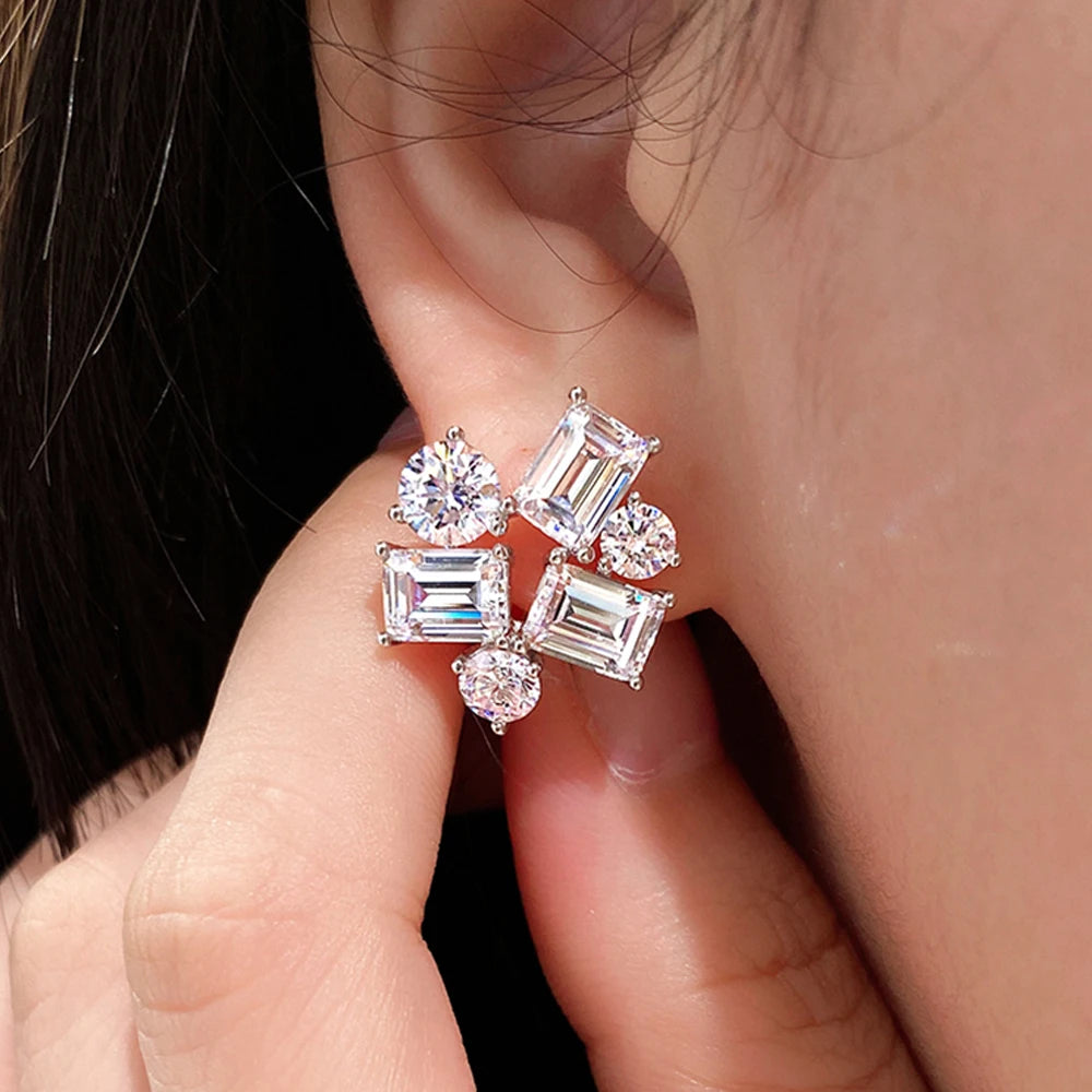 Emerald&Round Cut All Moissanite Hoop Earrings for Women S925 Silver Sparkling Multi Stone Diamond Stud Earrings Wedding Jewelry