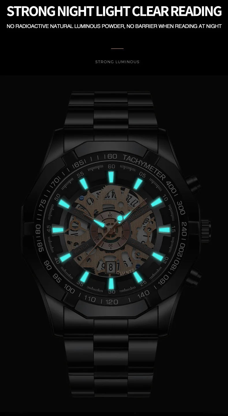 UTHAI Men Watch Light Luxury Brand Business Hollow Luminous Waterproof Stainless Steel Metal Strap Male fashion Quartz Watches
