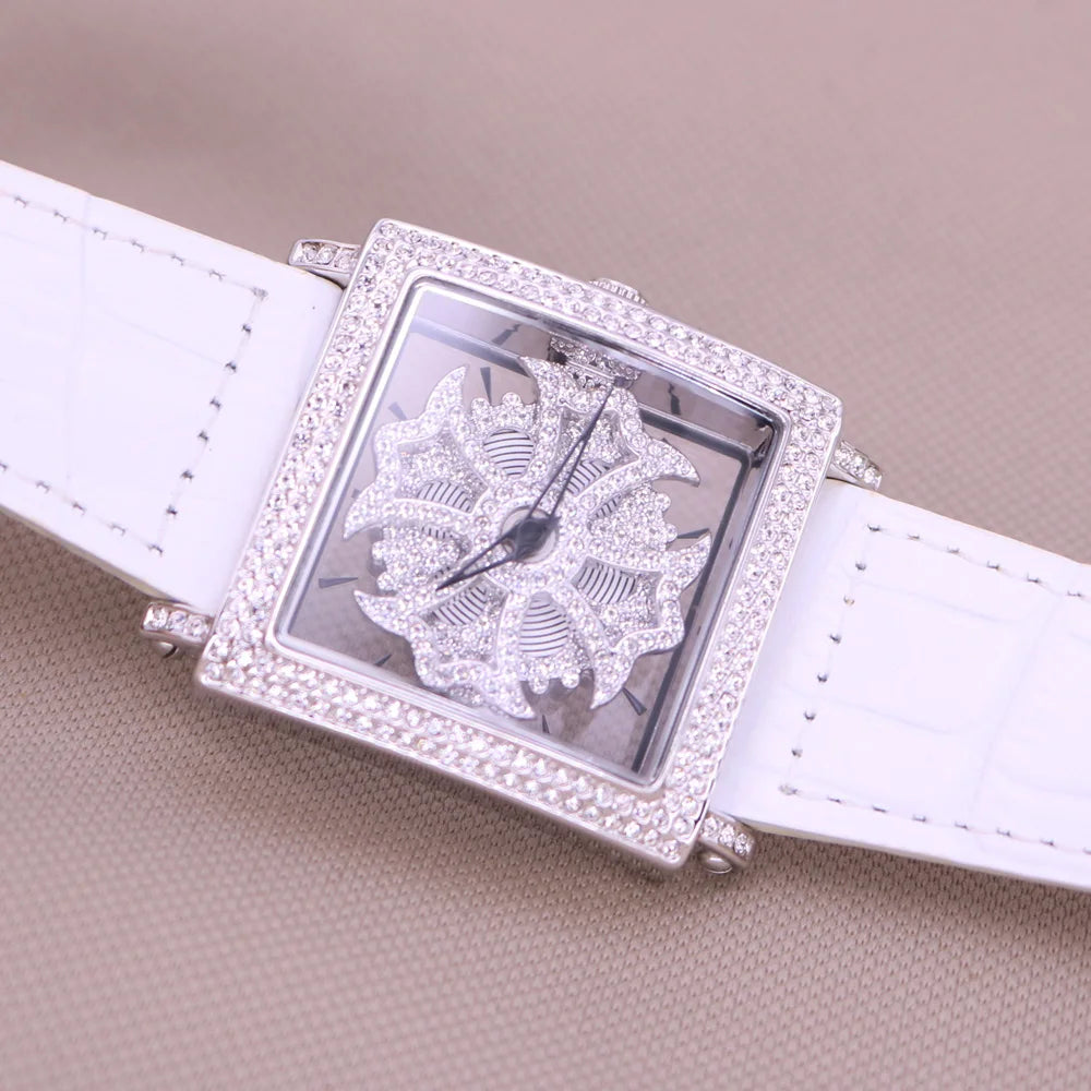 Davena Lady Women's Watch Spin Crystal Rhinestones Hours Fashion Real Leather Bracelet Luxury Girl's Birthday Gift Box