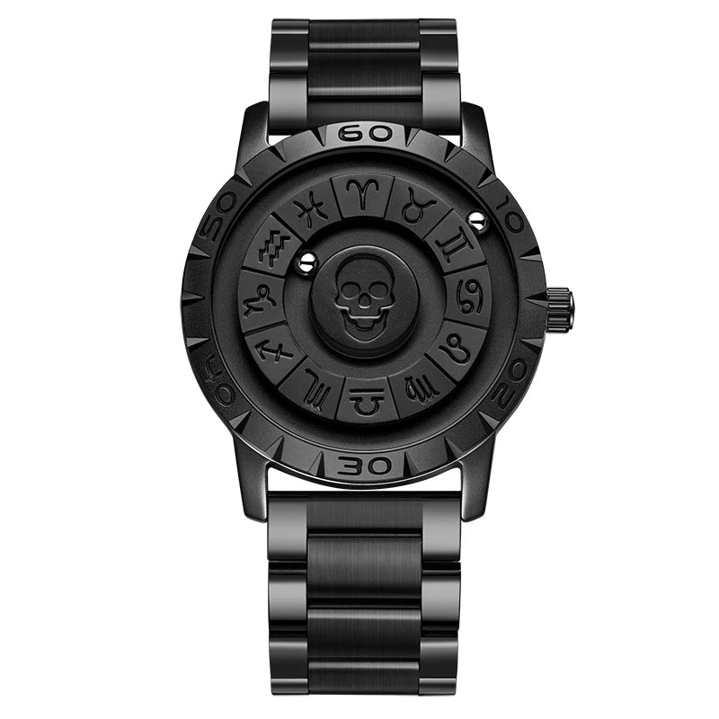 FOXOBOX New Original Luxury Skull Scrolling Pointer Magnetic Force Watch Men Military Sport Waterproof Quartz Wristwatch Clock