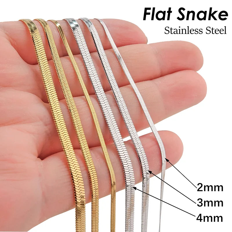10Pcs Flat Snake Chain Necklace 16 18 20 Inch Stainless Steel Herringbone Choker Non Tarnish Bulk Chain Blank for Jewelry Making