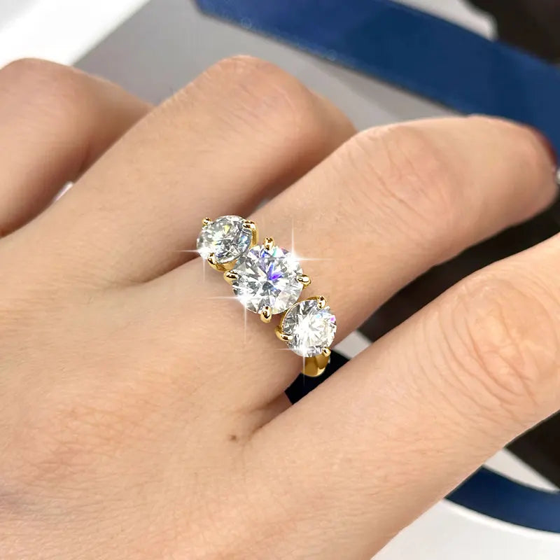 IOGOU 14k Gold Filled Three Stone Ring 8mm&6.5mm D Color Round Moissanite Certified Engagement Wedding Jewelry for Women Rings