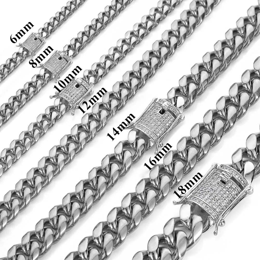 New Arrival 8mm-18mm Stainless Steel Miami Curb Cuban Chain Bracelet Necklace for Women Men jewelry Casting Crystal Lock