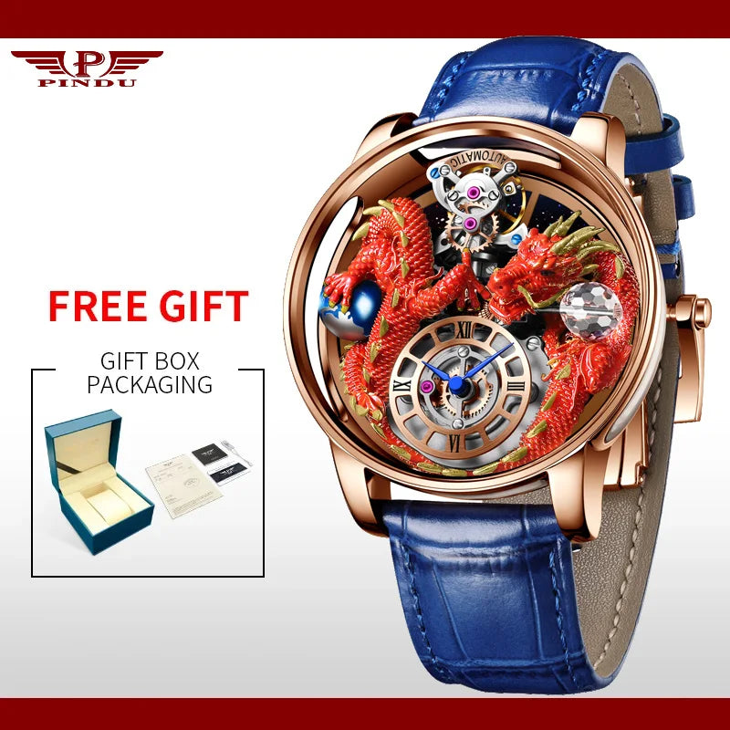PINDU New Watchmakings House of Dragons Astronomia Art 3D Gold Dragon Astronomia Quartz Watch Men Astronomia Solar Montre Homme
