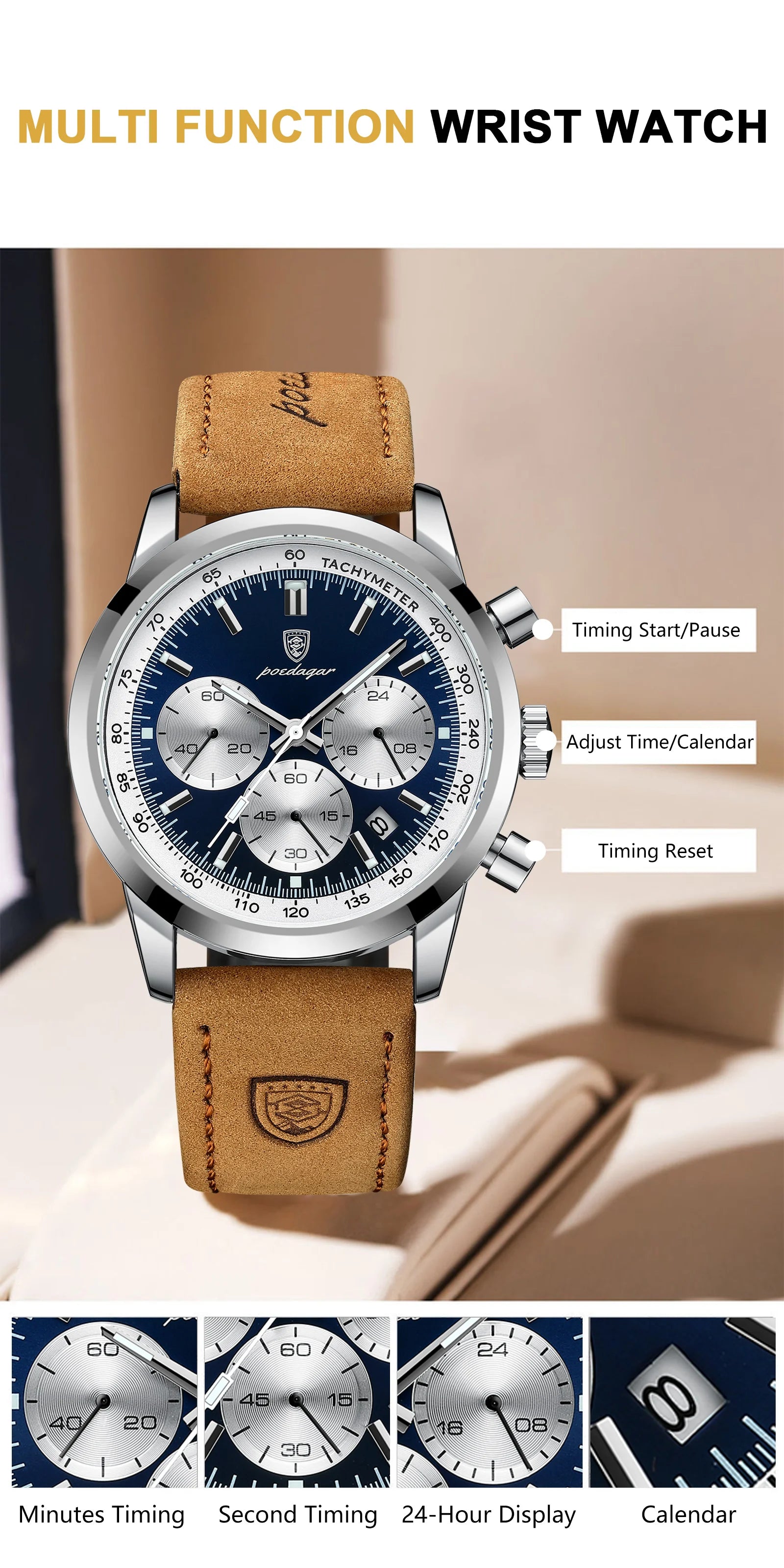 POEDAGAR Luxury Men's Quartz Wristwatch Chronograph Date Leather Man Watch Waterproof Luminous High Quality Fashion Men Watches