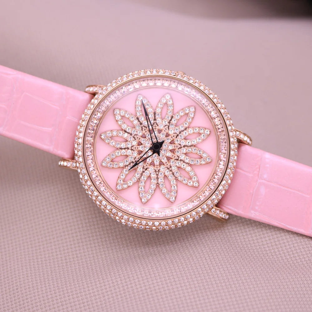 Davena Lady Women's Watch Spin Crystal Rhinestones Hours Fashion Real Leather Bracelet Luxury Girl's Birthday Gift Box