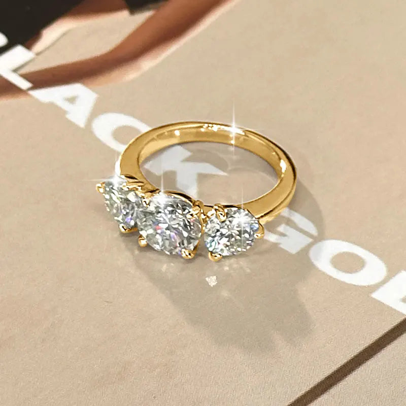 IOGOU 14k Gold Filled Three Stone Ring 8mm&6.5mm D Color Round Moissanite Certified Engagement Wedding Jewelry for Women Rings