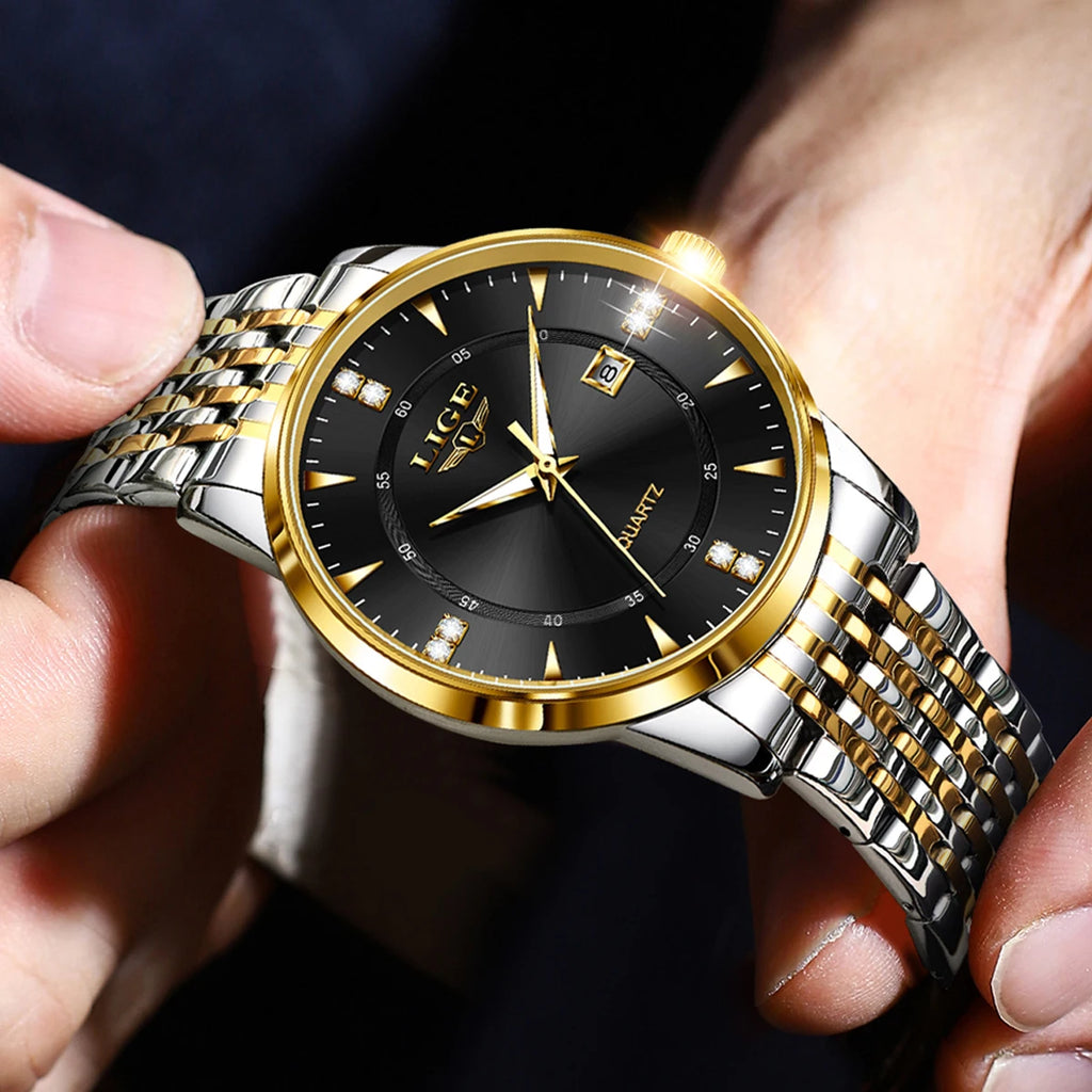 LIGE Luxury Quartz Wristwatches Mens Watch Stainless Steel Watches Luminous Date Waterproof Outdoor Diving Sports Watch reloj