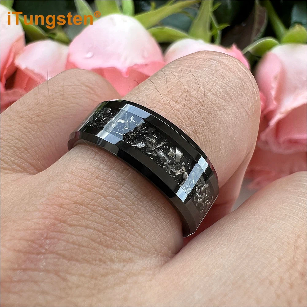 iTungsten 6mm 8mm Silver/Black Tungsten Promise Rings for Men Women Meteorite Shavings Inlay Fashion Engagement Wedding Bands