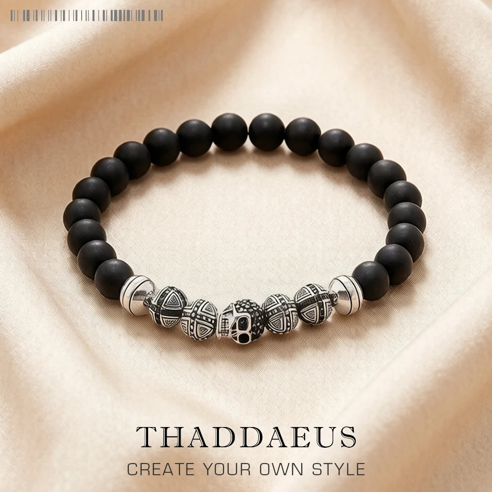 Skull Cross Bead Bracelet,Europe Style Rebel Fashion Punk Jewelry For Men And Women 925 Sterling Silver Obsidian Gift